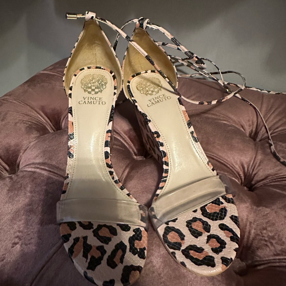Vince Camuto Brown Cream Heels with Leopard Print